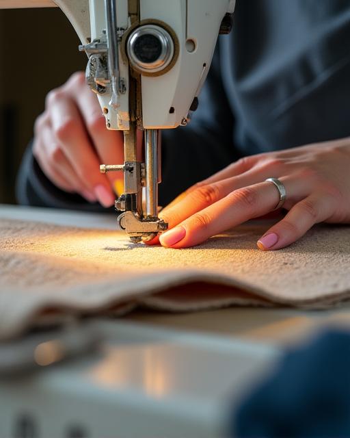 Dettaglio delle mani di un artigiano al lavoro su una macchina da cucire nel laboratorio di Sartoria Divano