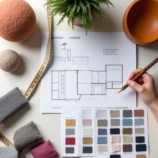 Moodboard con campioni di tessuto e schizzi di interior design